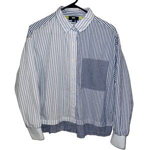 DKNY Womens Striped Button-Down Shirt L Blue & White Cotton Blend